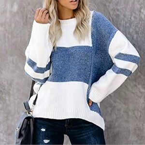 O&O Blue and White Striped Knitted Women's Sweater
